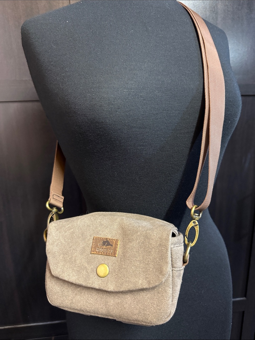 Roots Brown Canvas Crossbody Bag with Adjustable Strap